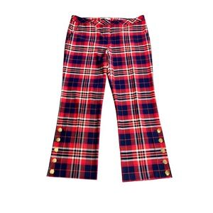 TRINA TURK Plaid Flare Pants Women 14 Red Navy White Gold Button‎ Ankle